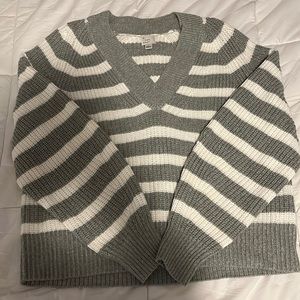 Gray and white striped full length sweater
